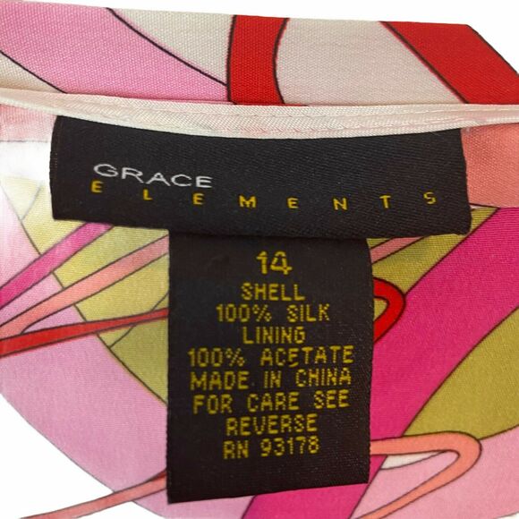 Silk Pencil Skirt Grace Elements Mod Floral sz 14 Pink Green Bold Lettuce Hem - Picture 6 of 14